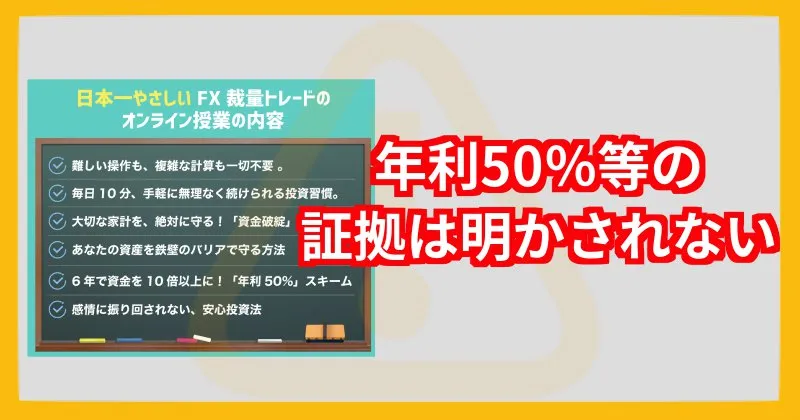 榊原式・日本一やさしいFX裁量トレードのオンライン授業が年利50％である証拠は参加前には提示なし
